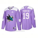 Camiseta Hockey San Jose Sharks 19 Joe Thornton Autentico 2018 Fights Cancer Violeta