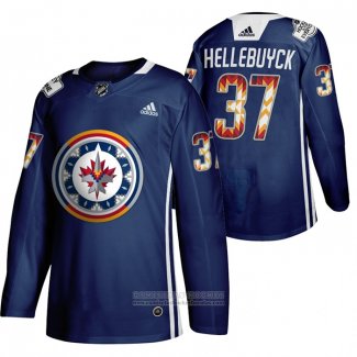 Camiseta Hockey Winnipeg Jets Connor Hellebuyck 2020 Wasac Night Indigenous Heritage Azul