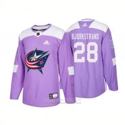 Camiseta Hockey Columbus Blue Jackets 28 Oliver Bjorkstrand Autentico 2018 Fights Cancer Violeta