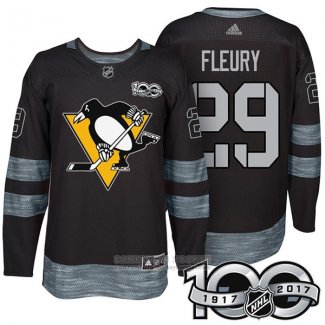 Camiseta Hockey Pittsburgh Penguins 29 Marc Andre Fleury 2017 100 Aniversario Negro