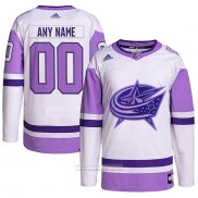 Camiseta Hockey Columbus Blue Jackets Personalizada Fights Cancer Autentico Blanco Violeta