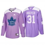 Camiseta Hockey Toronto Maple Leafs Frederik Andersen 2018 Fights Cancer Violeta