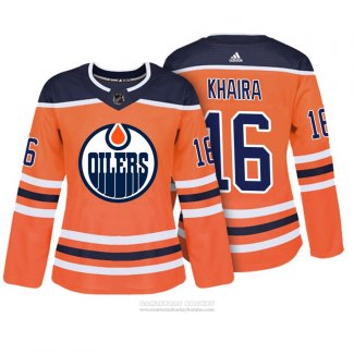 Camiseta Hockey Mujer Edmonton Oilers 16 Jujhar Khaira Autentico Jugador Naranja