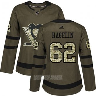 Camiseta Hockey Mujer Pittsburgh Penguins 62 Carl Hagelin Salute To Service 2018 Verde