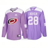 Camiseta Hockey Carolina Hurricanes 28 Elias Lindholm Autentico 2018 Fights Cancer Violeta