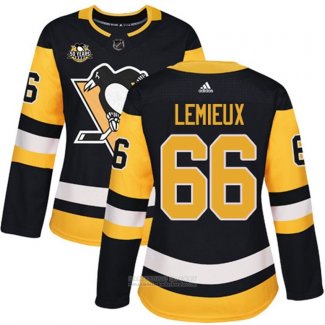 Camiseta Hockey Mujer Pittsburgh Penguins 66 Mario Lemieux 50 Aniversario Primera Premier Negro