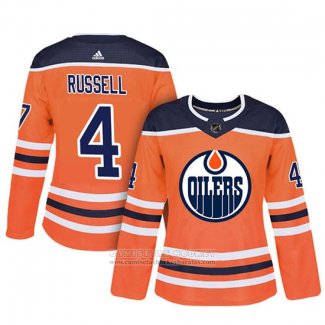 Camiseta Hockey Mujer Edmonton Oilers 4 Kris Russell Adizero Jugador Primera Naranja