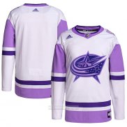 Camiseta Hockey Columbus Blue Jackets Fights Cancer Autentico Blank Practice Blanco Violeta