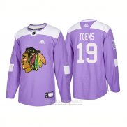 Camiseta Hockey Chicago Blackhawks 19 Jonathan Toews Autentico 2018 Fights Cancer Violeta