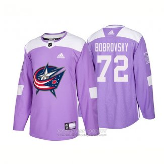 Camiseta Hockey Columbus Blue Jackets 72 Sergei Bobrovsky Autentico 2018 Fights Cancer Violeta