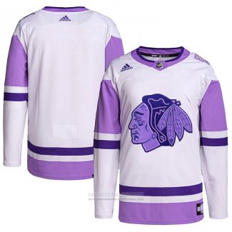 Camiseta Hockey Chicago Blackhawks Fights Cancer Autentico Blank Practice Blanco Violeta