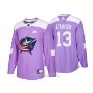 Camiseta Hockey Columbus Blue Jackets 13 Cam Atkinson Autentico 2018 Fights Cancer Violeta