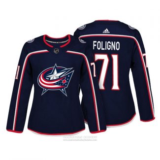 Camiseta Hockey Mujer Columbus Blue Jackets 71 Nick Foligno Autentico Jugador Azul