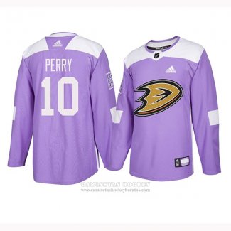 Camiseta Hockey Anaheim Ducks 10 Corey Perry 2018 Fights Cancer Violeta