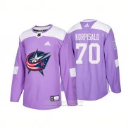 Camiseta Hockey Columbus Blue Jackets 70 Joonas Korpisalo Autentico 2018 Fights Cancer Violeta