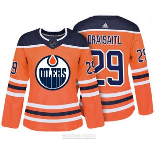 Camiseta Hockey Mujer Edmonton Oilers 29 Leon Draisaitl Autentico Jugador Naranja