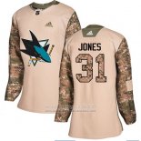 Camiseta Hockey Mujer San Jose Sharks 31 Martin Jones Camuflaje Autentico 2017 Dia De Los Veteranos Stitched