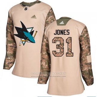 Camiseta Hockey Mujer San Jose Sharks 31 Martin Jones Camuflaje Autentico 2017 Dia De Los Veteranos Stitched