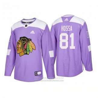 Camiseta Hockey Chicago Blackhawks 81 Marian Hossa Autentico 2018 Fights Cancer Violeta